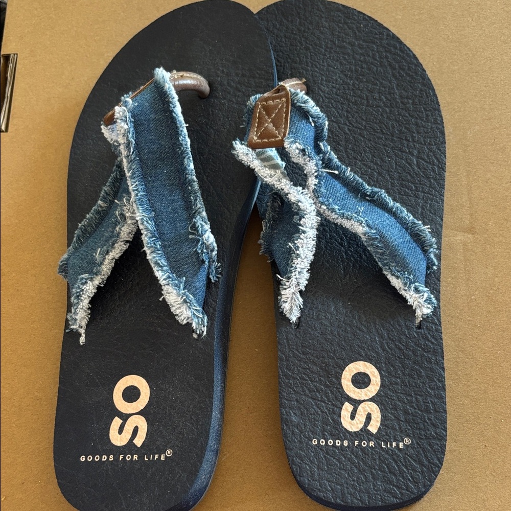 SO Blue Denim Flip Flops with Frayed Straps